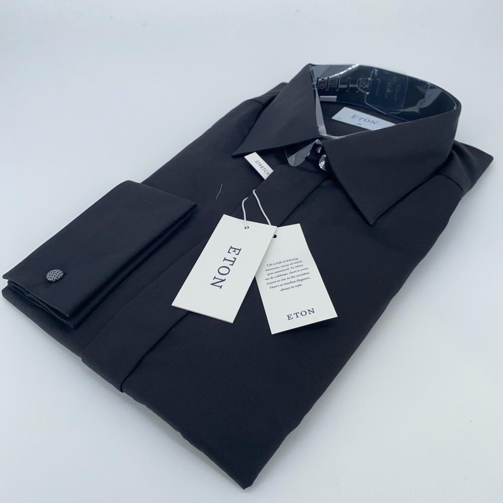 Eton Dress Shirt Mens XL‎ 17 - 43 Black Fine Twill Stretch Slim Collar Button Up